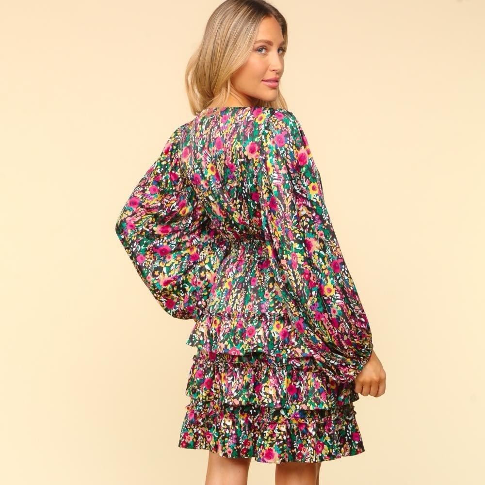 V-Neck Satin Floral Layered Dress - Picture 3 of 6